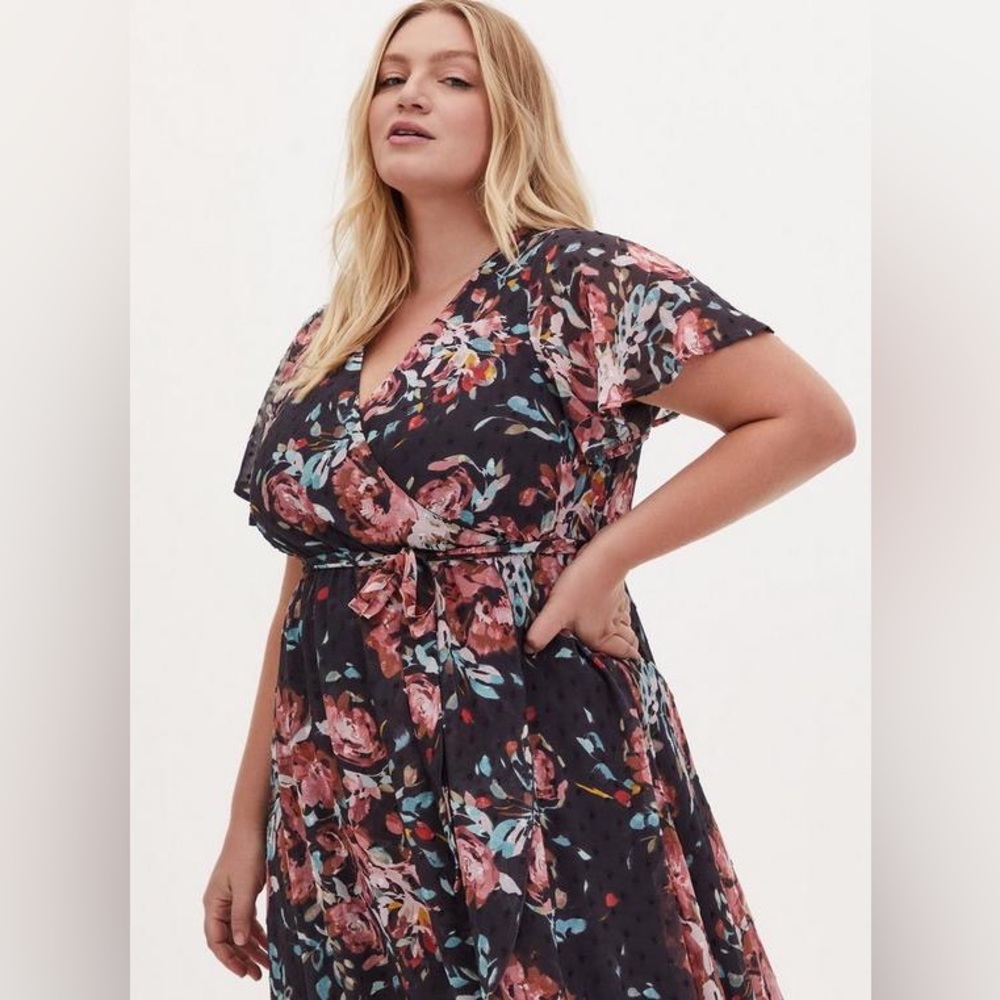 Host Pick! Torrid Wrap Dress - Swiss Dot Floral Dark Grey